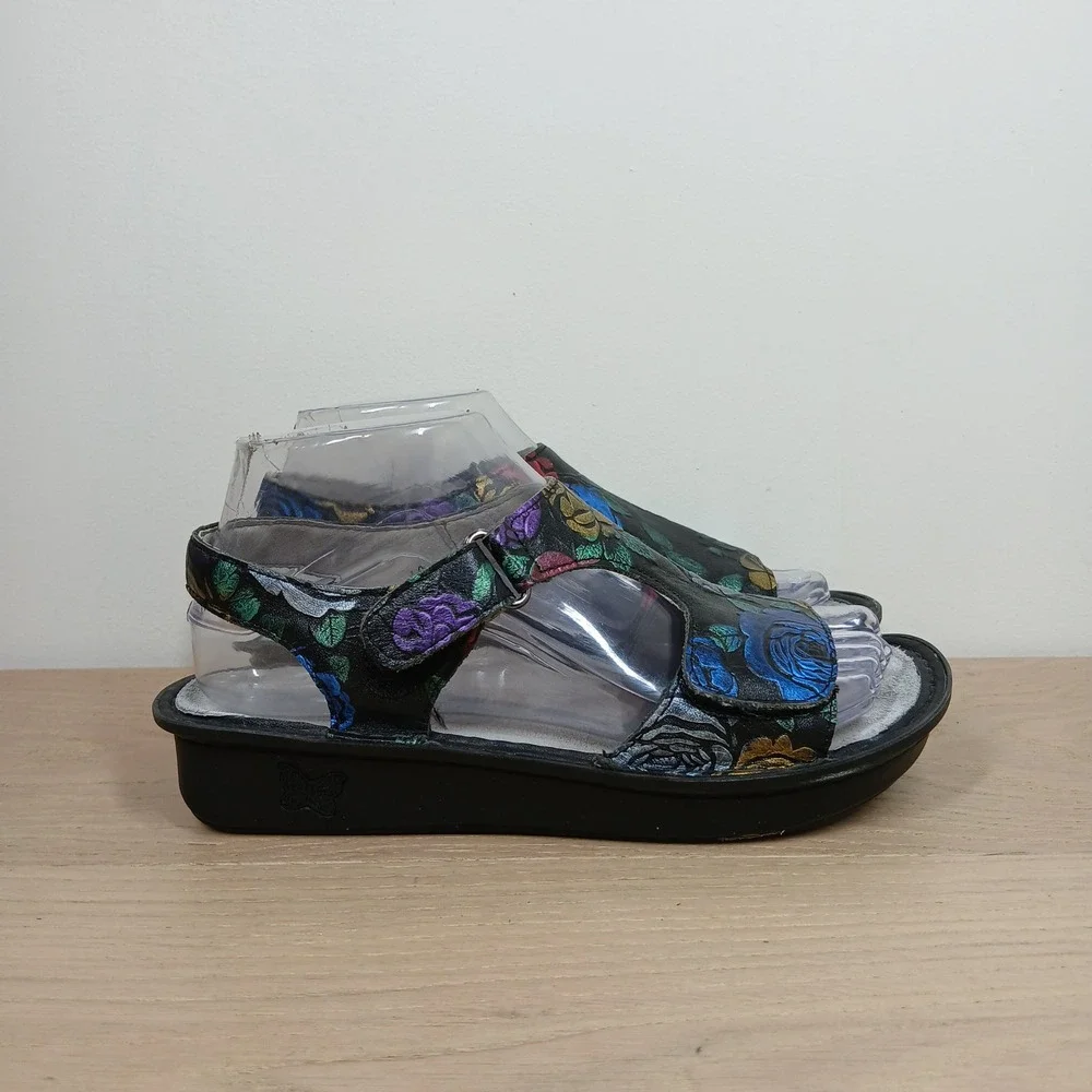 Alegria Sandals Womens 6 Multicolor Floral Leather Wedge Boho Artsy Comfort